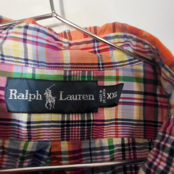 Ralph Lauren Men’s XXL Plaid Shirt Orange Blue Custom Fit Button Down Madras - Picture 5 of 7